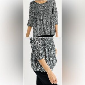 CROFT & BARROW Pin-tucked Smocked Floral Blouse V-Neck‎ 3/4 SleevePS Blue